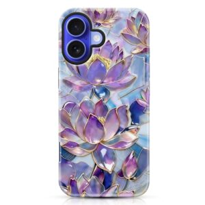 SobLn Capa para iPhone 17, capa com design vintage floral de vitral, elegante, brilhante, híbrida, 2 camadas, capa rígida à prova de choque, para meninas e mulheres, flores de lótus roxas