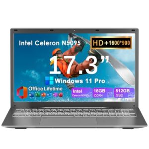 Soulgenix Laptop 17 43.9 cm HD+ Display, Windows 11 Pro + MS Office para estudantes universitários, Intel 4-Core Celeron N5095, 16GB RAM 512GB SSD, Tipo-C, teclado retroiluminado, impressão digital