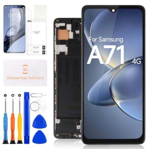 Substituição de tela para Samsung Galaxy A71 4G LCD Display A715 para Galaxy A71 4G Digitalizador Touch Screen Assembly SM-A715F, SM-A715W, SM-A715F/DS (preto com moldura, sem função de impressão de
