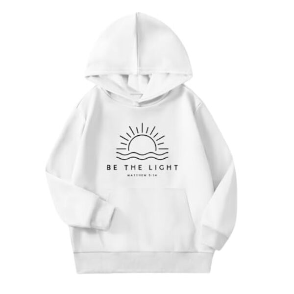 Sulayesh Moletom com capuz Be The Light Christian para meninas, versículo bíblico, Jesus Deus, fé religiosa, blusa com estampa fofa, Branco, 11-12 Anos