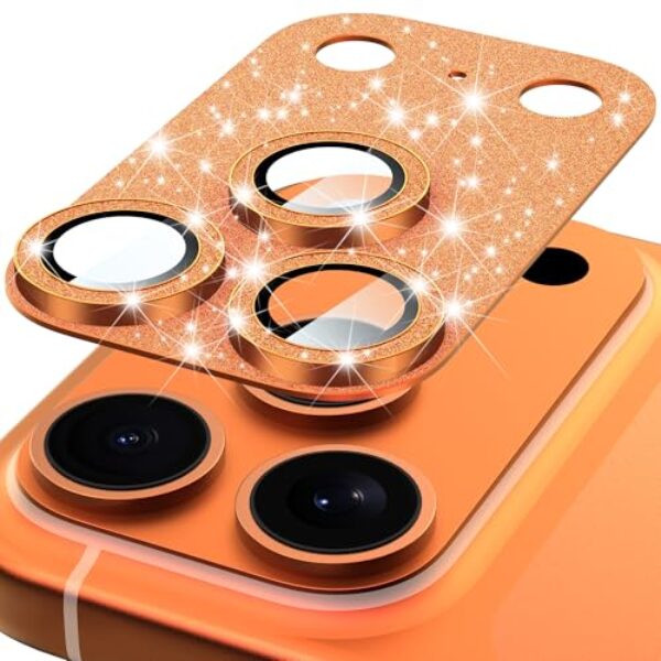 Suoman Protetor de lente de câmera para iPhone 17 Pro, [All-in-one] [Forte aderência] Capa de lente de câmera de vidro temperado independente com glitter brilhante - Laranja
