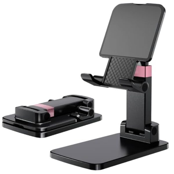 Suporte de telefone para mesa, suporte de celular ajustável para mesa com ângulo de altura ajustável, base antiderrapante, design compacto para dispositivos iPhone Android, preto