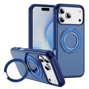 Suporte dobrável com rotação de 360°, fibra de carbono, magnético, luxuoso, estrutura antiderrapante, capa protetora, azul, para iPhone 16 Plus
