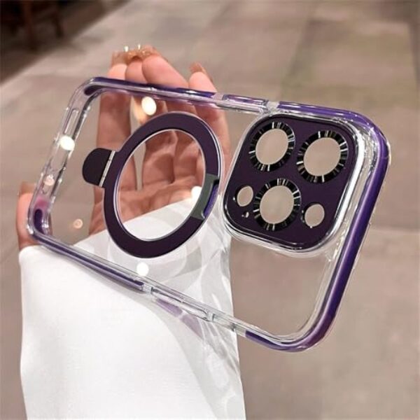 Suporte dobrável de liga de alumínio, magnético, lente de metal de luxo, armadura, capa transparente alta, roxo, para iPhone 16 Plus