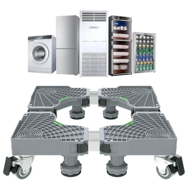 Suporte Móvel para Lavadora, Geladeira e Móveis - Ajustável Duplo Base com 8 Pés Antivibração + 4 Rodas Duplas Bloqueáveis