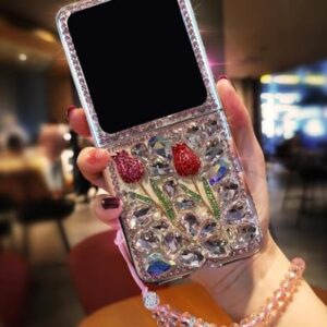 SupShop Capa para Samsung Galaxy Z Flip 7 Bling Luxuosa para Mulheres Meninas Brilhantes Diamante Brilhante Glitter Cristal Bonito 3D Rosa Floral Flor Feita à Mão com Alça de Pulso, Rosa