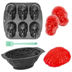 SUPXYC Molde de silicone para forma de bolo de caveira de Halloween, moldes de caveira de silicone com pincel, molde de silicone para cérebro, caveiras, moldes de silicone, Dia das Bruxas para