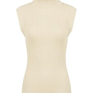 Suéter feminino de malha elástica gola alta gola alta sem mangas, Bege, G