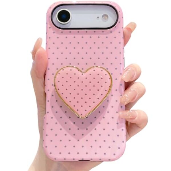 Sutpstmt Linda capa para iPhone 17 Air, capa de telefone de bolinhas rosa com suporte de impressão de coração, capa rígida macia híbrida de 2 camadas, resistente a arranhões, à prova de choque para
