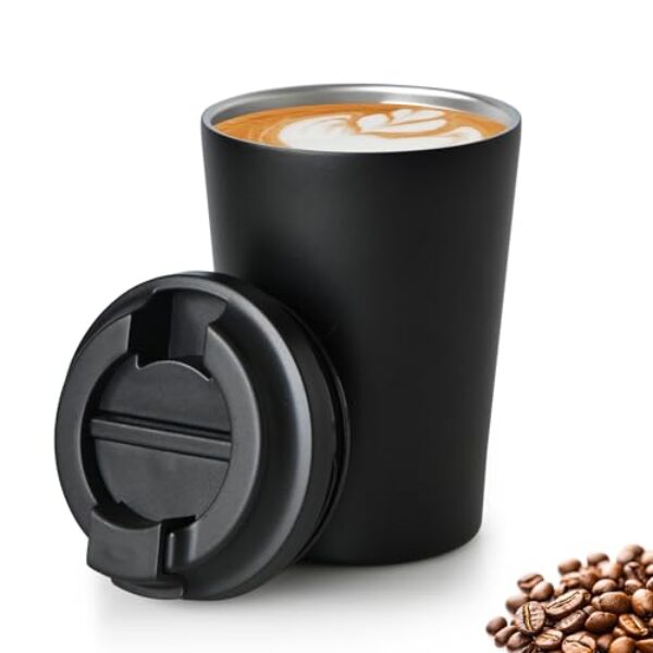 sweet grain Caneca de café de viagem - Caneca de café isolada de aço inoxidável de 340 g com tampa, copo de café com escala integrada para manter quente/café gelado, chá e cerveja - preta