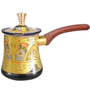 swsce Cafeteira árabe turca com cabo de madeira, caldeira de água de fogão, cafeteira, manteiga, chocolate e aquecedor de leite, aquecimento uniforme e rápido com material de metal feito à mão (preto