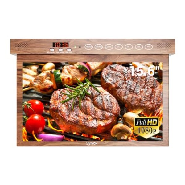 SYLVOX 15.6 inch Smart TV for Kitchen, 1080P RV TV Under Cabinet TV, Smart Android TV Rotated & Folded, Support Google Assistant WiFi Bluetooth, Small TV for Kitchen, Bedroom, RV Camper, Mahogany