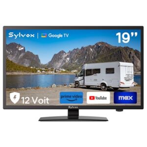 SYLVOX TV RV de 19 polegadas, Smart TV de 12 volts com sistema operacional Google, visualização ampla de 178°, portas HDMI/USB, alimentação AC/DC, proteção de tensão para uso em trailers, trailers e
