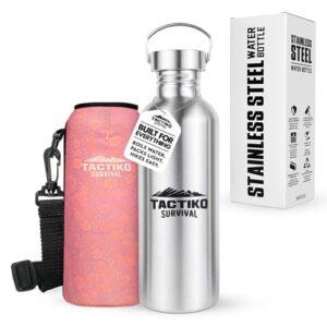 Tactiko Survival Garrafa de água de boca larga de aço inoxidável, segura para ferver de parede única, à prova de vazamento, livre de BPA com manga de transporte e alça para acampamento, caminhada