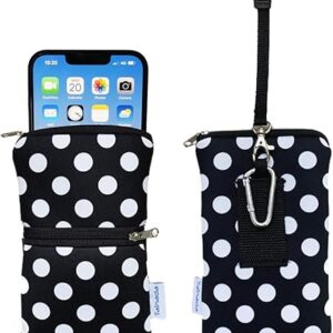 Tainada Bolsa masculina de neoprene para telefone com zíper à prova de choque com mosquetão, cordão para pescoço, coldre para cinto para iPhone 11 Pro Max, XR, Samsung Note 10 +, S20, Black White Polka Dots