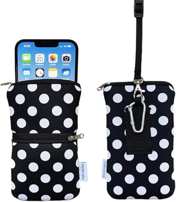 Tainada Bolsa masculina de neoprene para telefone com zíper à prova de choque com mosquetão, cordão para pescoço, coldre para cinto para iPhone 11 Pro Max, XR, Samsung Note 10 +, S20, Black White Polka Dots