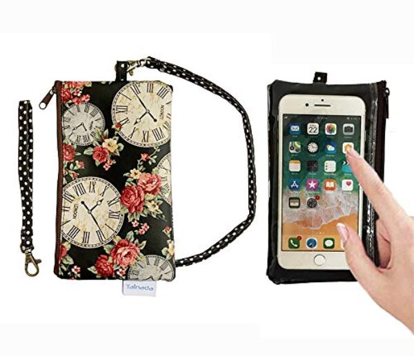 Tainada Bolsa para celular 2 em 1 com tela sensível ao toque e cordão removível para o pescoço, alça de pulso para iPhone 16/15 Pro Max; Samsung S24+, S23, A54 (relógio e preto rosa)