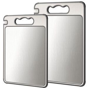 Tábua de corte dupla face de aço inoxidável 304 e palha de trigo, tábua de cortar não tóxica, pode ser lavada na lava-louças, 40,6 cm x 28 cm com 36,5 cm x 25 cm, 2 peças