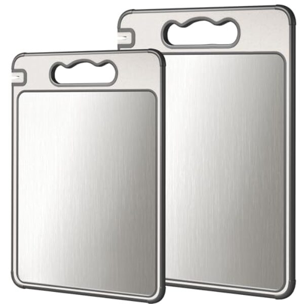 Tábua de corte dupla face de aço inoxidável 304 e palha de trigo, tábua de cortar não tóxica, pode ser lavada na lava-louças, 40,6 cm x 28 cm com 36,5 cm x 25 cm, 2 peças