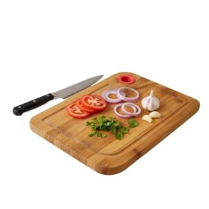 Tábua De Corte Retangular Bambu Com Alça Em Silicone Gourmet Churrasco Legumes Cozinha Petisqueira(M- 33cm X 24cm)