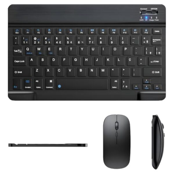 Teclado E Mouse Bluetooth Recarregáveis – Design Slim, Silencioso E Ergonômico Para Escritório E Casa Para Computador, Tablet E Laptop Ipad | Kit Premium Sem Fio 2 Em 1 (Preto)