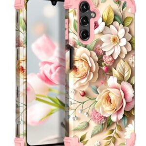 TEECOVER Capa para Samsung Galaxy A14, resistente à prova de choque, proteção total de plástico rígido + capa protetora de borracha de silicone macio para Galaxy A14 de 6,6 polegadas, flores de ouro