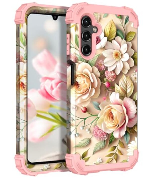 TEECOVER Capa para Samsung Galaxy A14, resistente à prova de choque, proteção total de plástico rígido + capa protetora de borracha de silicone macio para Galaxy A14 de 6,6 polegadas, flores de ouro