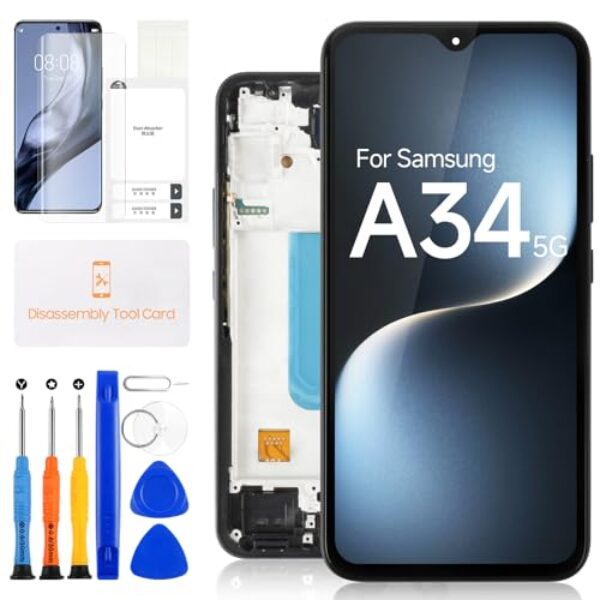 Tela de substituição para Samsung Galaxy A34 5G para Samsung A34 5G A346 LCD A346E A346B A346M Digitalizador Touch Screen Montagem completa com ferramentas de reparo (preto com moldura, sem impressão