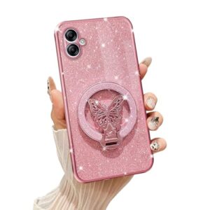 Tesazxcn Capa de celular para Samsung Galaxy A04E [compatível com Magsafe] com suporte de borboleta e cordão de TPU macio brilhante transparente à prova de choque capa de proteção para Galaxy A04E