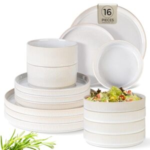 TheTerra Conjuntos de louça de cerâmica com tigelas de macarrão para 4, 16 peças de pratos e tigelas leves de porcelana, conjunto de pratos resistentes a arranhões, seguro para forno, micro-ondas e