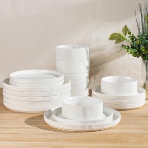 TheTerra Conjuntos de louça de cerâmica para 6, 18 peças de pratos e tigelas leves de porcelana, conjunto de pratos resistentes a arranhões, forno, micro-ondas e lava-louças, branco brilhante
