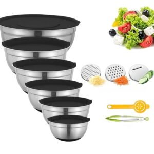 Thsinde Tigelas de mistura com tampas herméticas, conjunto de tigelas de aço inoxidável de 6 tamanhos com fundo antiderrapante colorido ótimo para misturar e servir (tamanho 7-1QT)