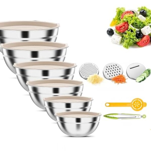 Thsinde Tigelas de mistura com tampas herméticas, conjunto de tigelas de aço inoxidável de 6 tamanhos com fundo antiderrapante colorido ótimo para misturar e servir (tamanho 7-1QT)