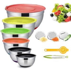 Thsinde Tigelas de mistura com tampas herméticas, conjunto de tigelas de aço inoxidável de 6 tamanhos com fundo antiderrapante colorido ótimo para misturar e servir (tamanho 7-1QT)