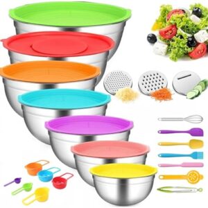 Thsinde Tigelas de mistura de 7 tamanhos com tampas, tigelas de mistura de aço inoxidável com 3 acessórios de ralador, ideais para cozinha, cozinhar, assar e servir (tamanho 4,5-0,7 QT)