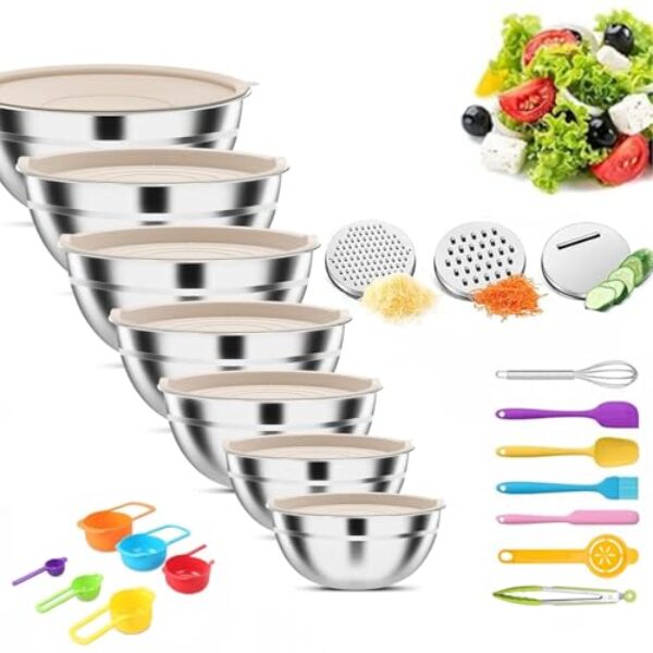 Thsinde Tigelas de mistura de 7 tamanhos com tampas, tigelas de mistura de aço inoxidável com 3 acessórios de ralador, ideais para cozinha, cozinhar, assar e servir (tamanho 4,5-0,7 QT)