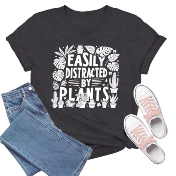TIEEI Camisetas de jardim femininas para amantes de plantas, jardineiro facilmente distraídas por plantas, Cinza, GG