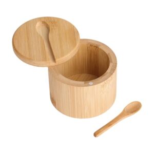Tigelas de sal e pimenta de bambu – Saleiro dividido com tampa giratória e colher, recipientes de tempero com tampa magnética para manter seco, mini colher embutida no topo