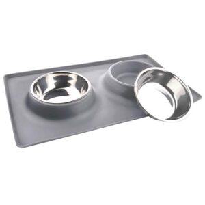 Tigelas para cães com tapete de silicone, tapete de comida para cães com tigela removível de aço inoxidável (382 g cada), tapete antiderrapante antiderramamento, tigela de água para animais pequenos