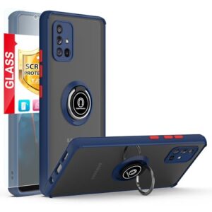 TJS Capa compatível com Samsung Galaxy A71 5G, com protetor de tela de vidro temperado, anel de metal, suporte magnético, suporte, capa de telefone resistente (azul)