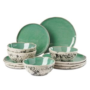 Tongdahe Conjunto de jantar de 12 peças para 4 peças, feito à mão, grés pintado à mão, cerâmica, vitrificado reativo, pode ir ao micro-ondas e à máquina de lavar louça (verde)