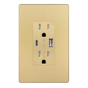 TOPGREENER 5.8A Ultra-High-Speed 3-Port USB Wall Outlet, 15A Tamper-Resistant Receptacles, Compatible with iPhone SE/11/XS/XR/X/8/7, Samsung Galaxy S20/S10/S9/S8/Note, LG, HTC & More, UL Listed, Gold