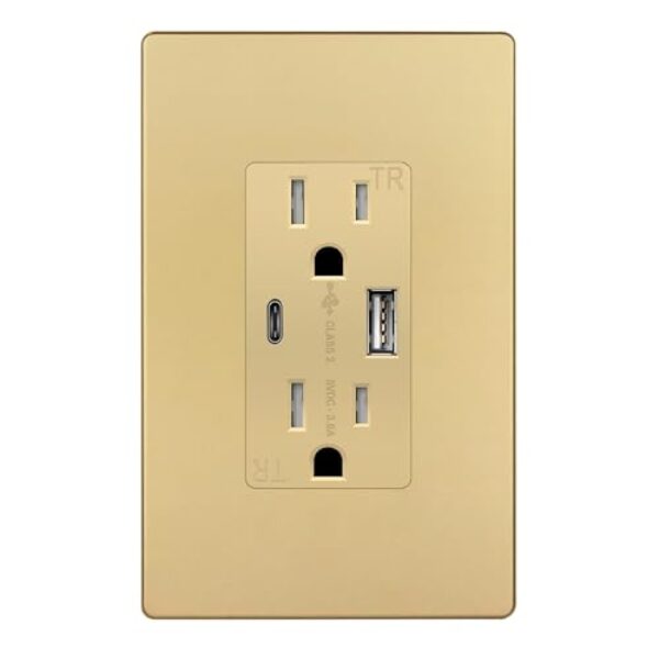 TOPGREENER 5.8A Ultra-High-Speed 3-Port USB Wall Outlet, 15A Tamper-Resistant Receptacles, Compatible with iPhone SE/11/XS/XR/X/8/7, Samsung Galaxy S20/S10/S9/S8/Note, LG, HTC & More, UL Listed, Gold