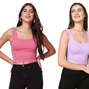 TOPLOT Regata feminina lisa canelada gola canoa sem mangas slim fit pacote com 2, Rosa-roxo, 44