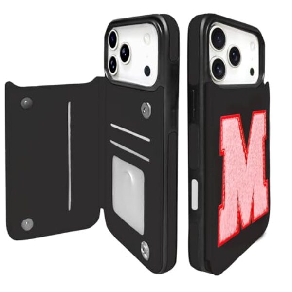TopPerfekt Capa carteira para iPhone17 Pro Max com suporte para cartão, proteção contra quedas de nível militar, flip de couro PU, fecho magnético duplo com letra chenille inicial para iP17 PM 5G 2025