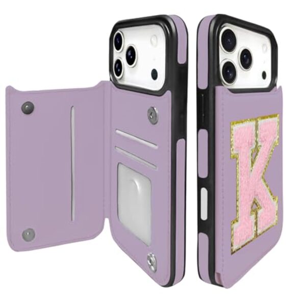 TopPerfekt Capa carteira para iPhone17 Pro Max com suporte para cartão, proteção contra quedas de nível militar, flip de couro PU, fecho magnético duplo com letra chenille inicial para iP17 PM 5G 2025