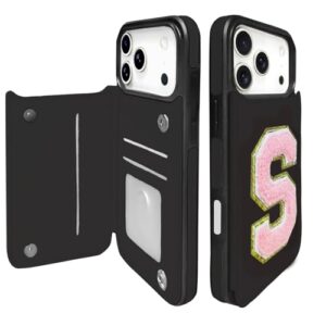 TopPerfekt Capa carteira para iPhone17 Pro Max com suporte para cartão, proteção contra quedas de nível militar, flip de couro PU, fecho magnético duplo com letra chenille inicial para iP17 PM 5G 2025