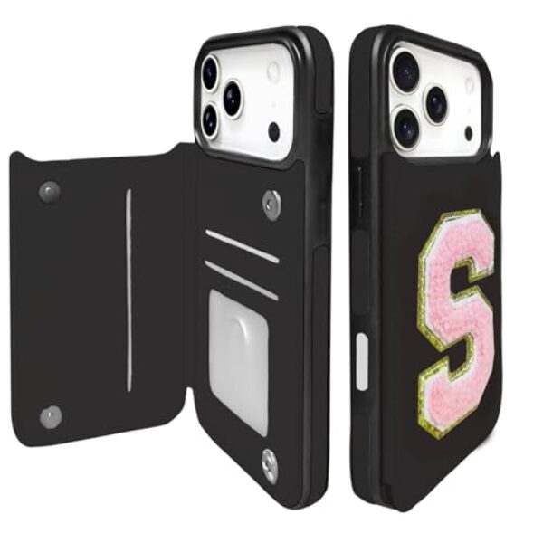 TopPerfekt Capa carteira para iPhone17 Pro Max com suporte para cartão, proteção contra quedas de nível militar, flip de couro PU, fecho magnético duplo com letra chenille inicial para iP17 PM 5G 2025