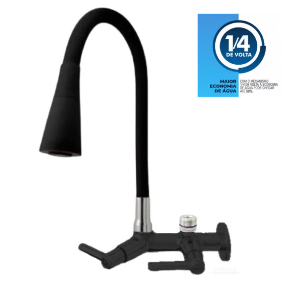Torneira Gourmet Bica Móvel inox Preta P/ Filtros ou Máquina Lava Louça ou Roupa rosca de 3/4"