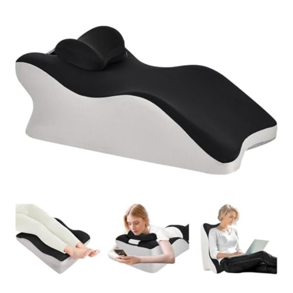 Travesseiro Multifuncional Ergonômico Memory Foam, Design Científico, Alívio de Refluxo e Dores, Apoio Cervical e Lombar, Inclinação 70°, Preto e Branco